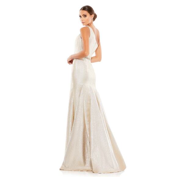 Mac Duggal Dress One Shoulder Metallic Ruffled Evening Gown Oyster Size 0 NWOT - Picture 3 of 13